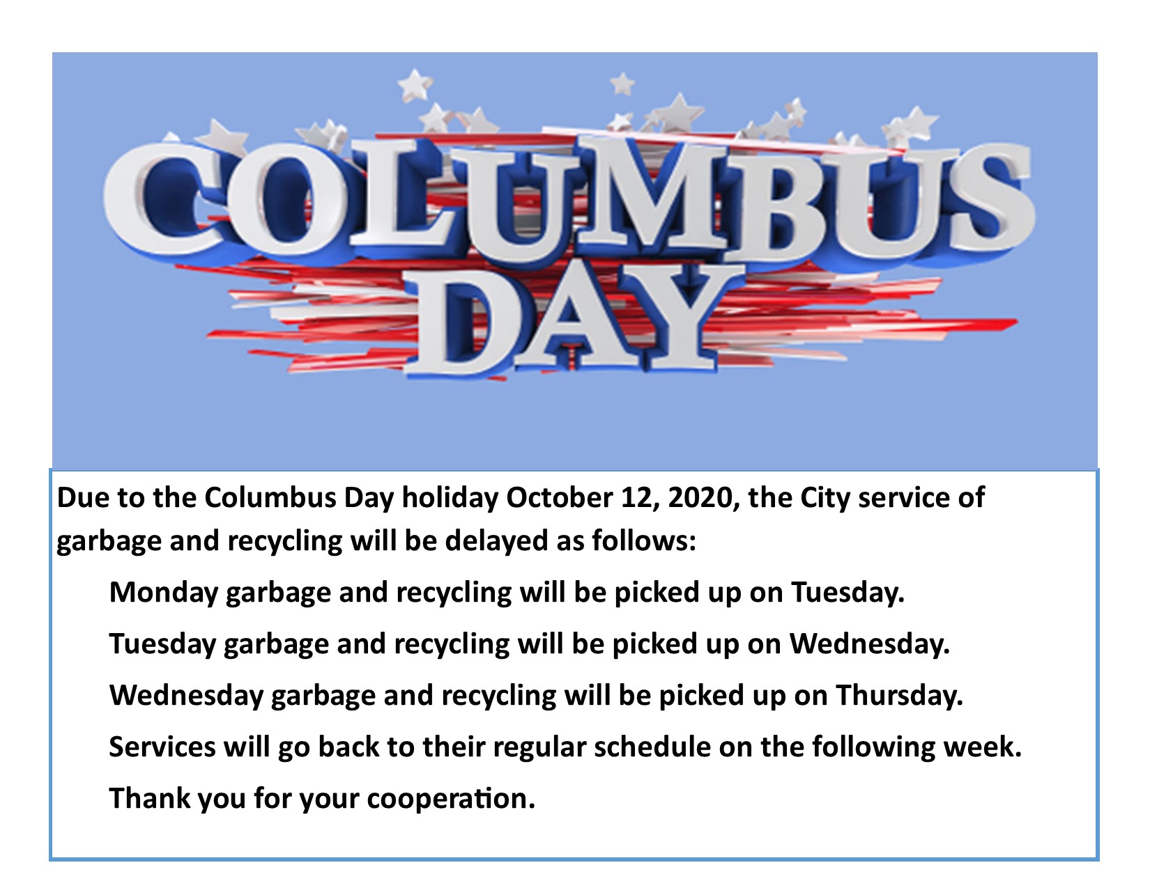 Columbus Day Garbage Schedule - City of Jefferson Iowa